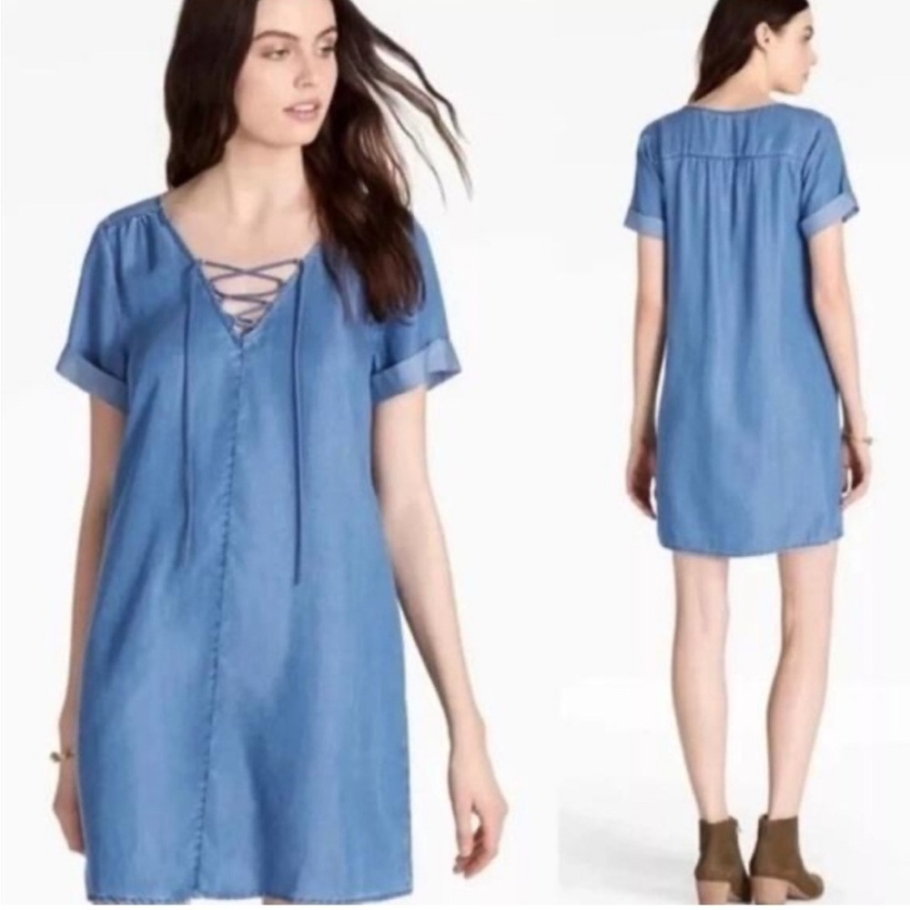 Lucky Brand Chambray Blue Denim Dress Lace Up Short Sleeve V-Neck Large